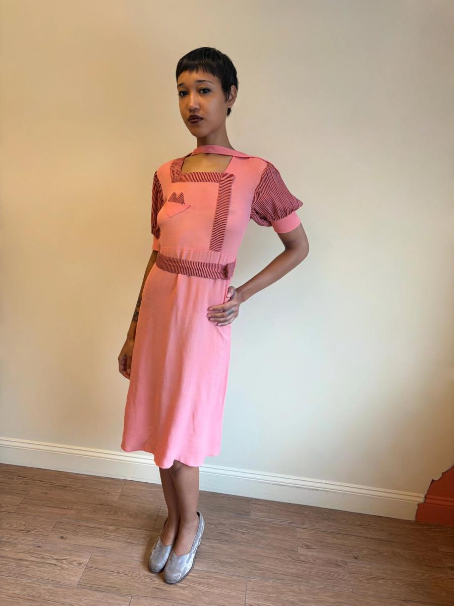 1930s Salmon Pink Day Dress with Scarf Neckline  product image
