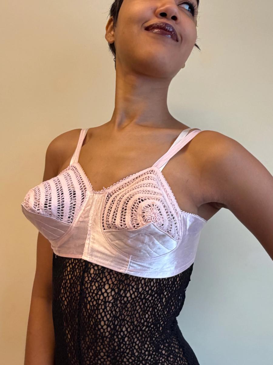 1940s-50s Pink Satin & Crocheted Bullet Bra  product image