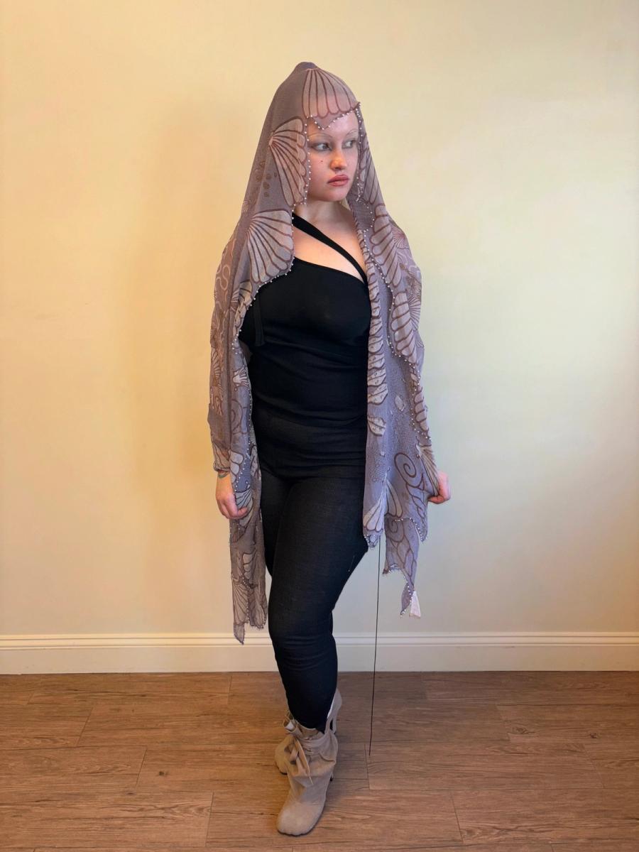 Zandra Rhodes Squiggle & Shell Printed Shawl with Pearl Beaded Edges product image