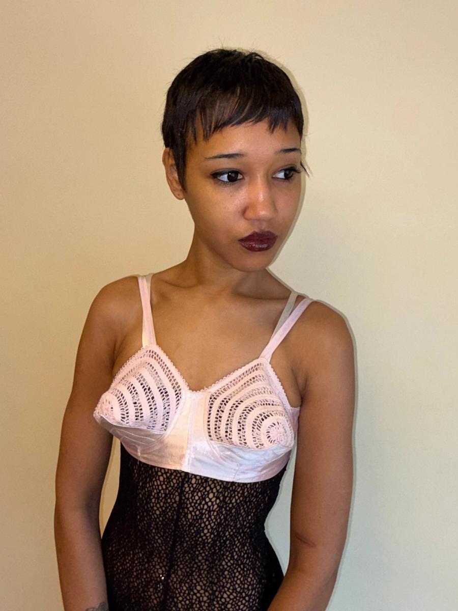 1940s-50s Pink Satin & Crocheted Bullet Bra  product image