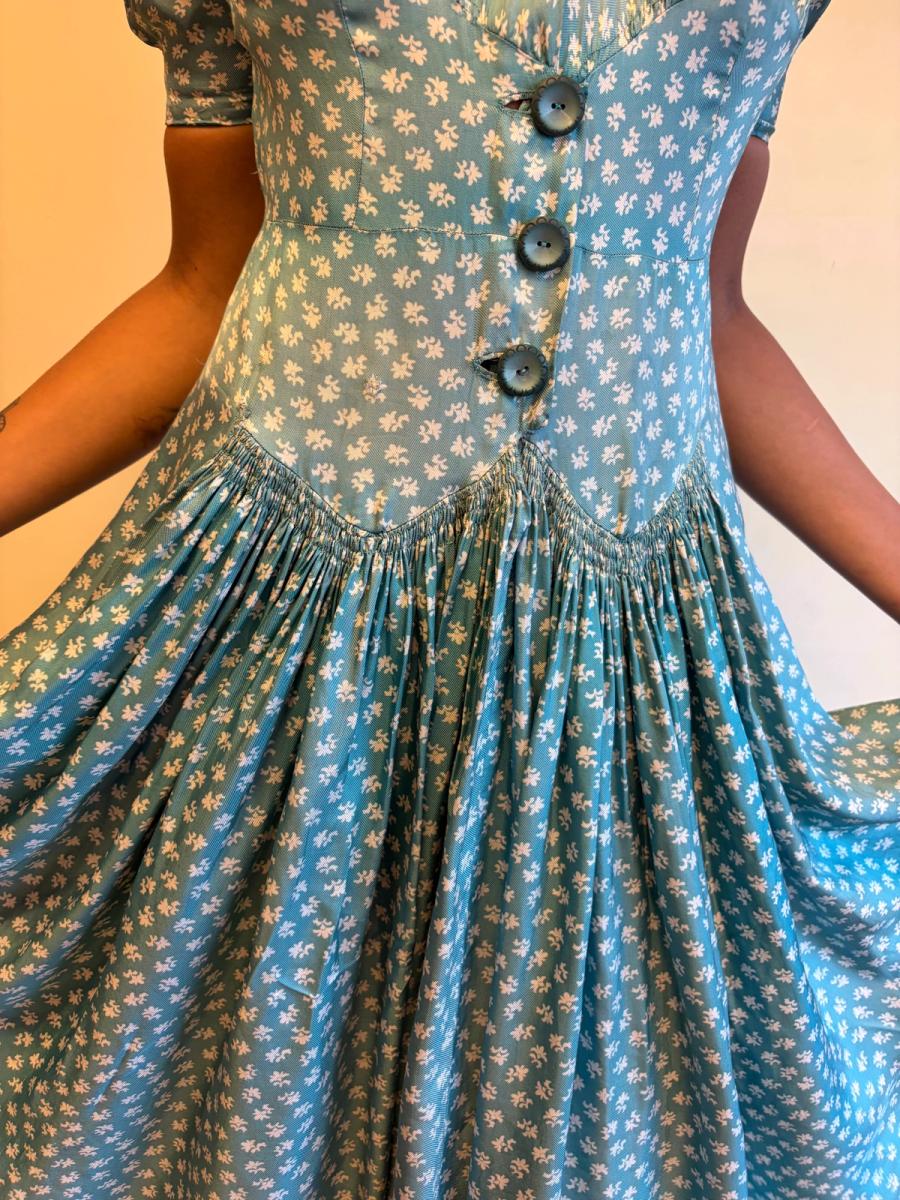 1940s Turquoise Floral Cold Rayon Dress product image