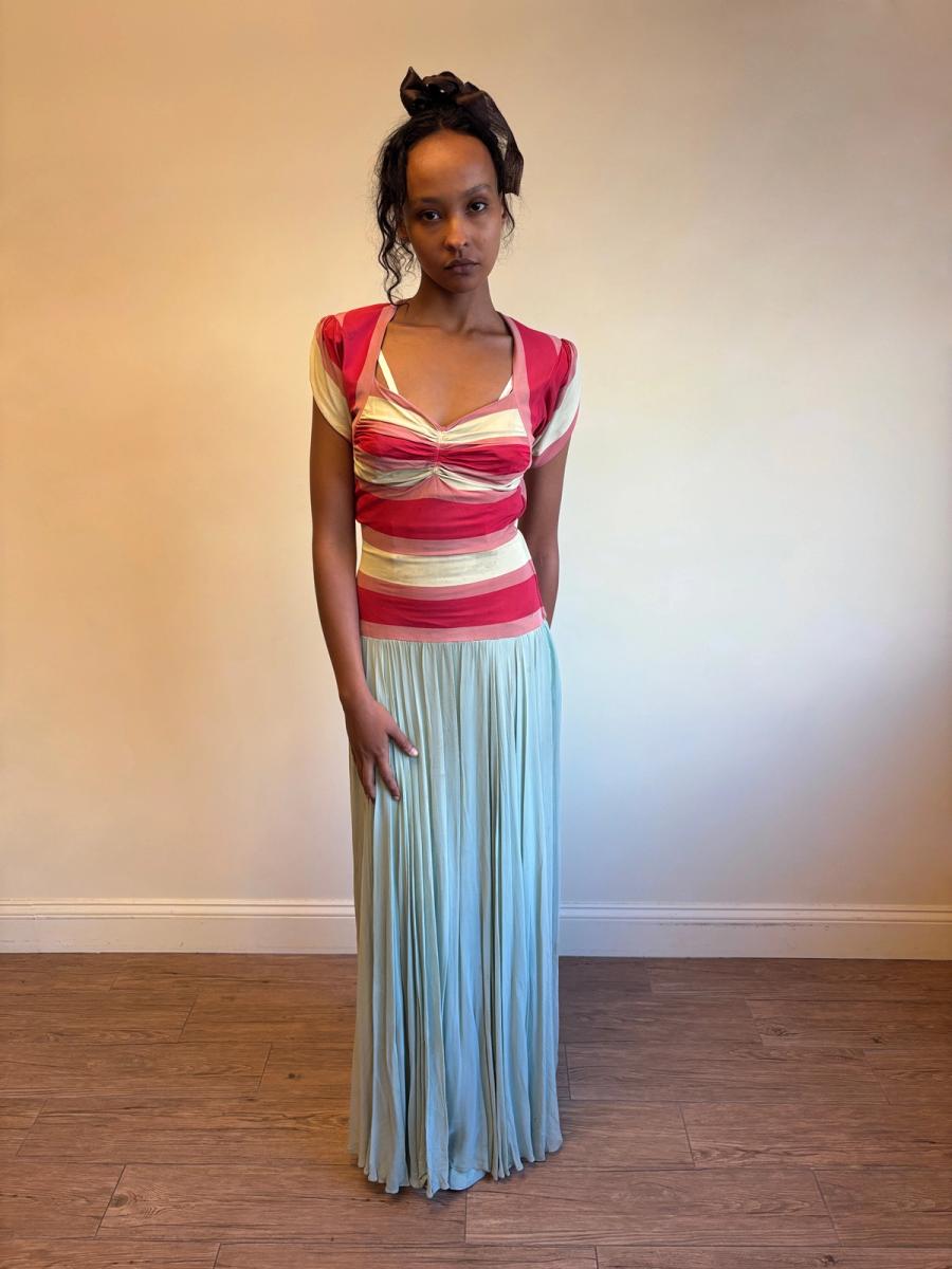 1940s Striped Knit Dress with Chiffon Skirt  product image
