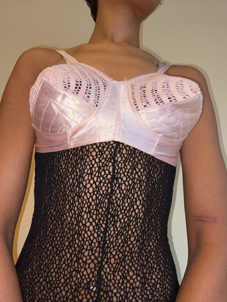 1940s-50s Pink Satin & Crocheted Bullet Bra  product image