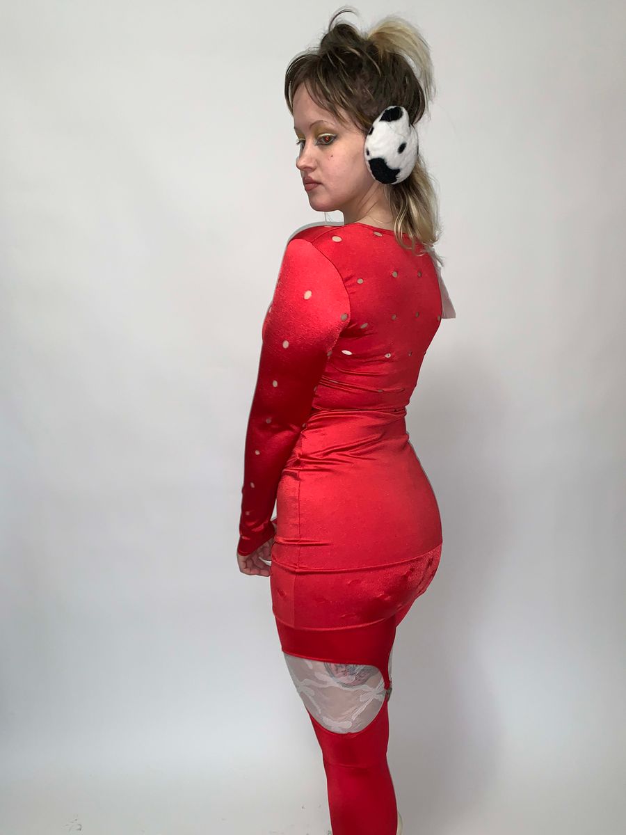 80s Deadstock Stretch Satin Hole-punch Dress product image