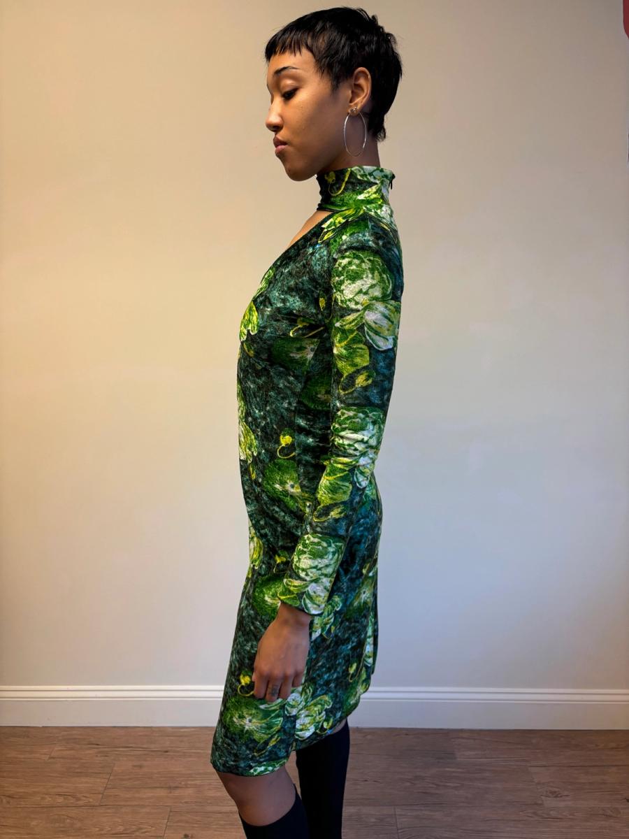 90s Jean Colonna Green Floral Crushed Velvet Dress product image