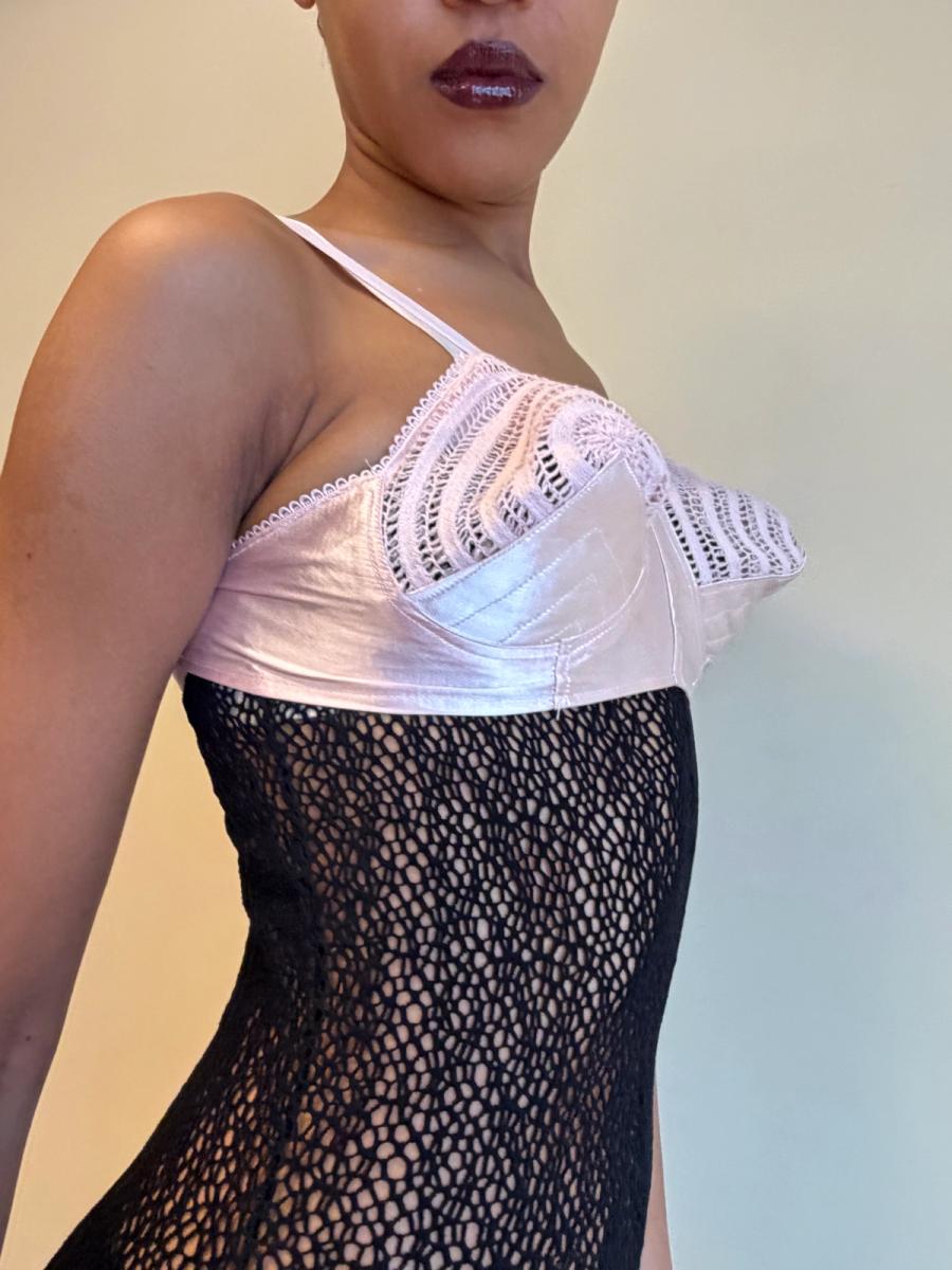 1940s-50s Pink Satin & Crocheted Bullet Bra  product image