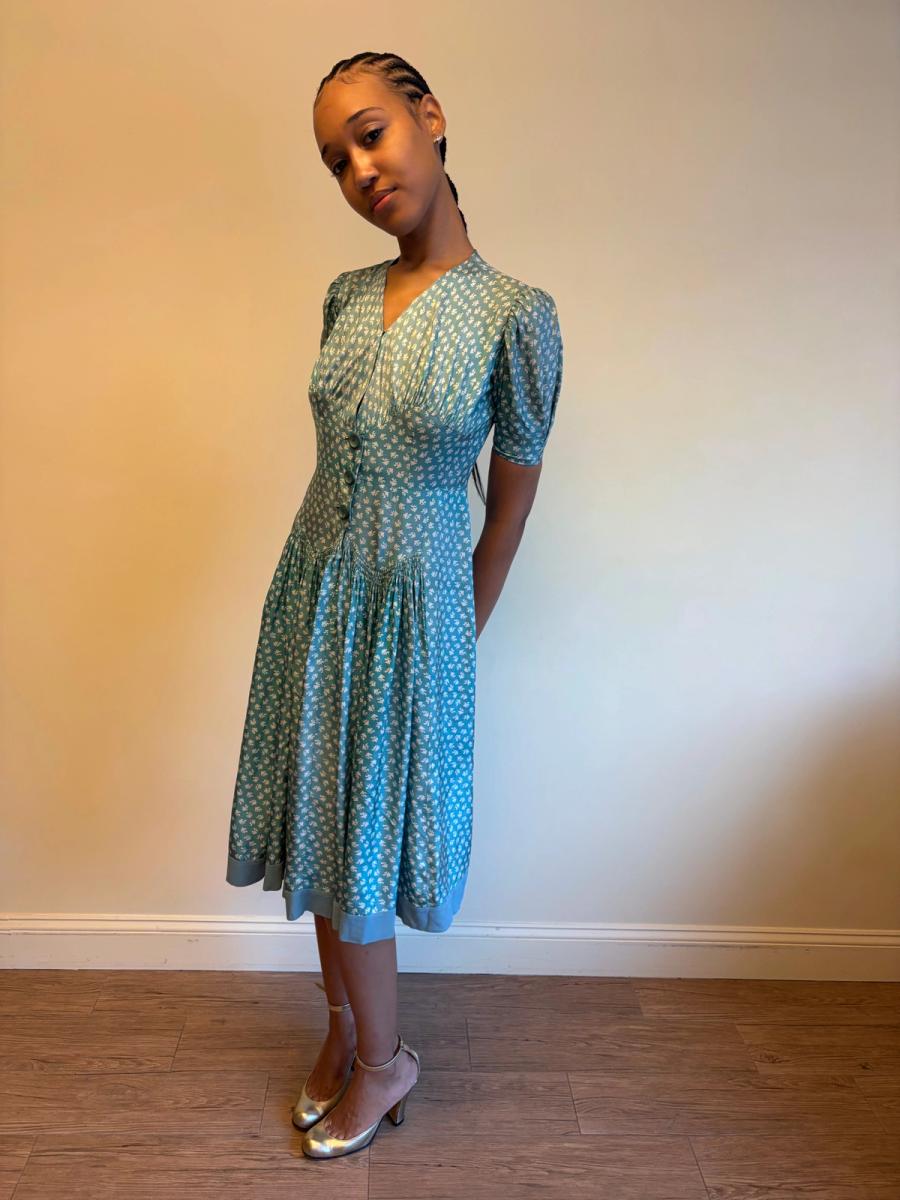 1940s Turquoise Floral Cold Rayon Dress product image