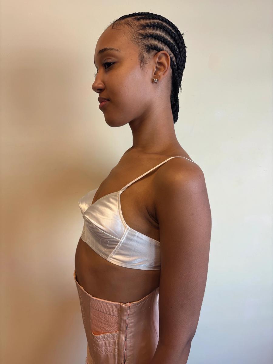 White Satin French Bullet Bra with Embroidered Front product image