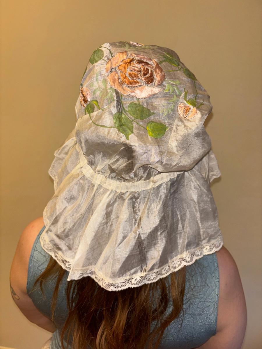 Antique Silk Sleeping Cap with Painted & Embroidered Rose product image