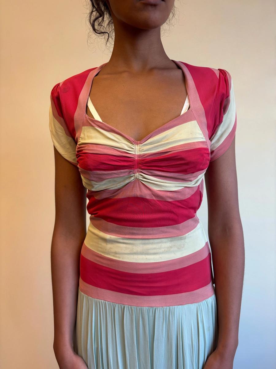 1940s Striped Knit Dress with Chiffon Skirt  product image