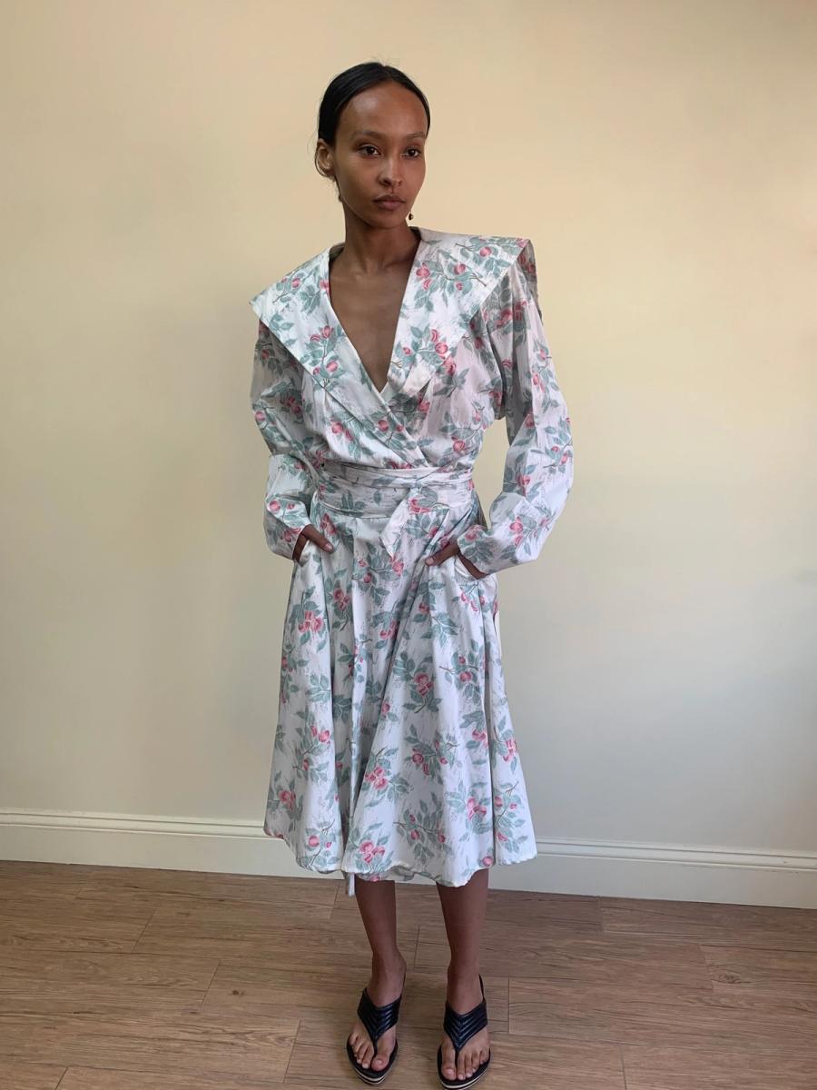 80s Norma Kamali Floral Dress with Oversized Collar