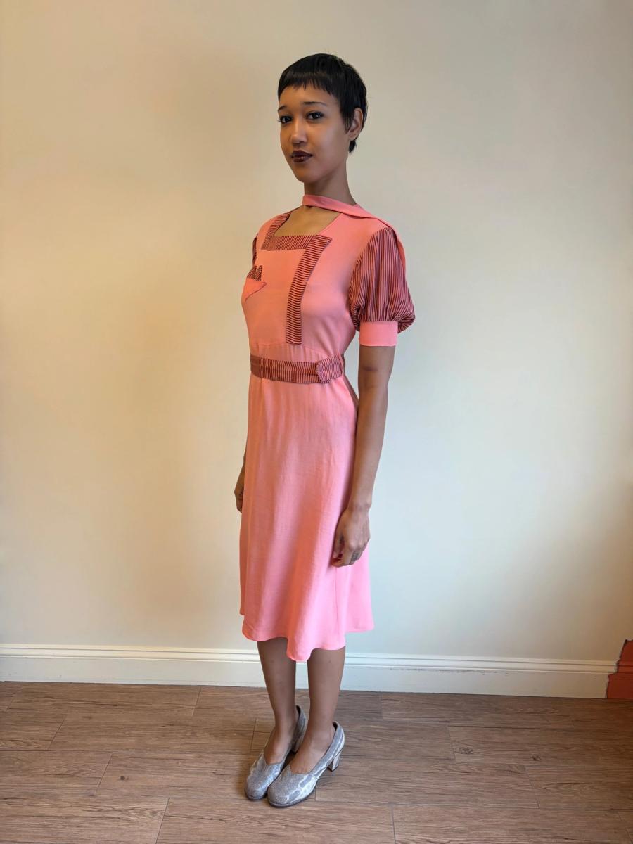 1930s Salmon Pink Day Dress with Scarf Neckline product image