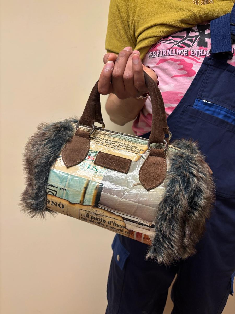 Newsprint and Faux Fur Italian Purse product image
