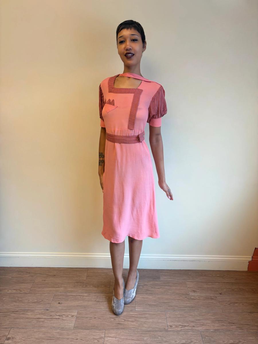 1930s Salmon Pink Day Dress with Scarf Neckline  product image