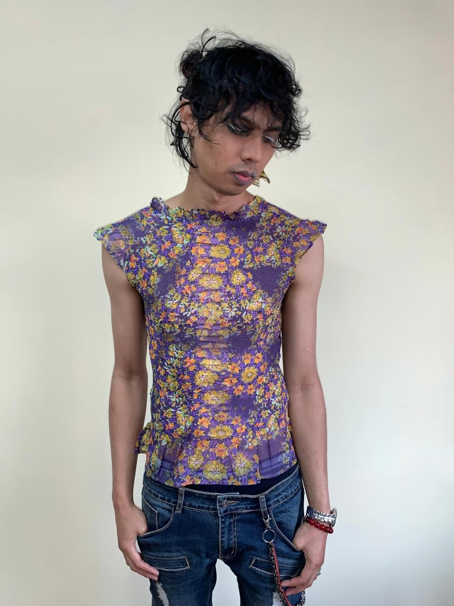 Yoshiki Hishinuma Purple Floral Pleated Top product image