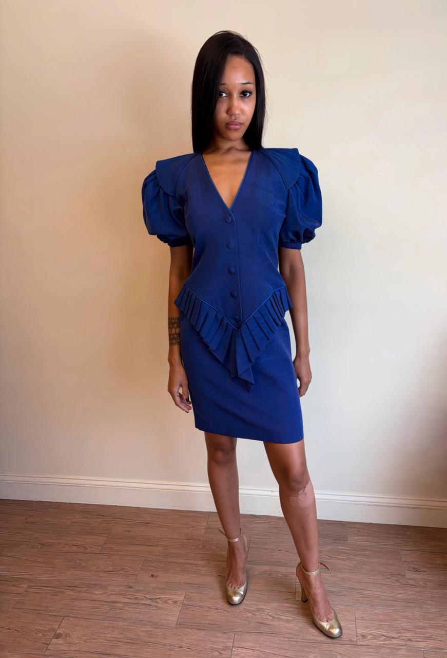 1980s Claude Petin Blue Moiré Dress  product image