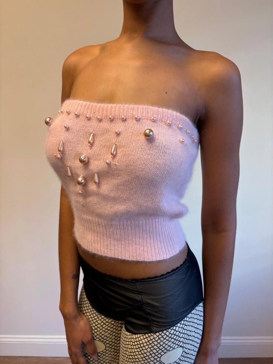 80s Krizia Maglia Beaded Angora Mohair Tube Top