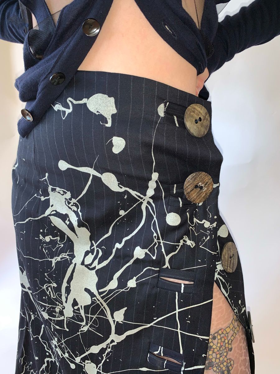 Vintage John Galliano Splatter Pinstripe Skirt w Giant Buttons product image