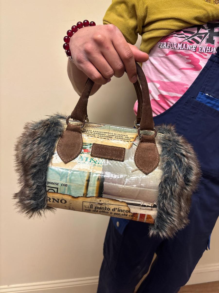 Newsprint and Faux Fur Italian Purse product image