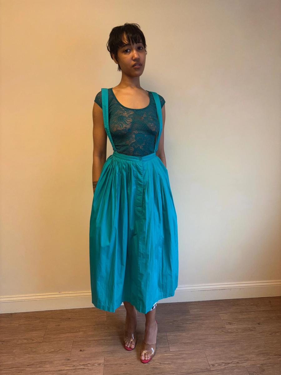 80s Norma Kamali Teal Suspender Skirt product image