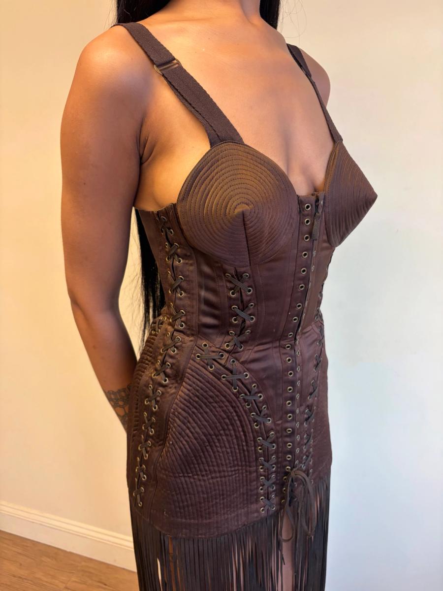 1990 Gaultier Satin Cone Bra Girdle Dres with Lacing Fringe Hem product image