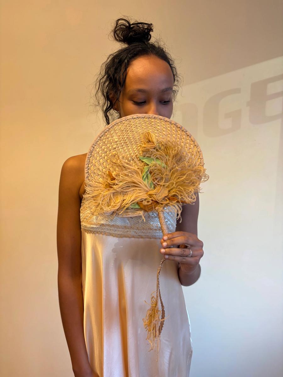 Antique Woven Straw Fan With Exquisite Feather Adornment  product image