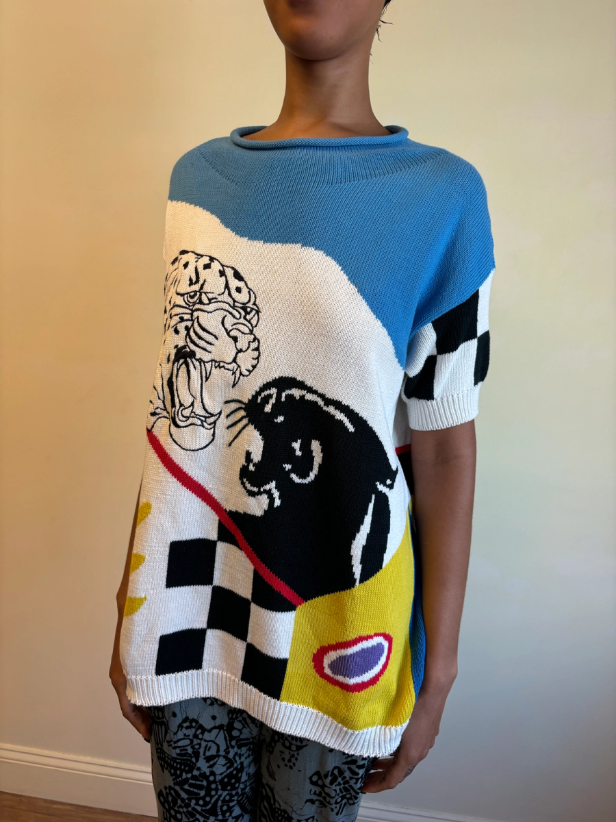 80s Krizia Battling Big Cats Knit Sweater product image