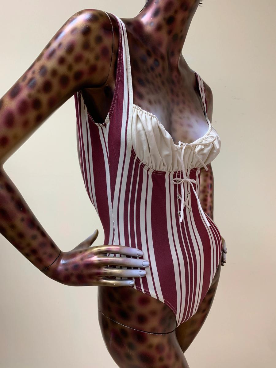 Chantal Thomass Striped Hi-Cut Bodysuit With Cinching Neckline product image