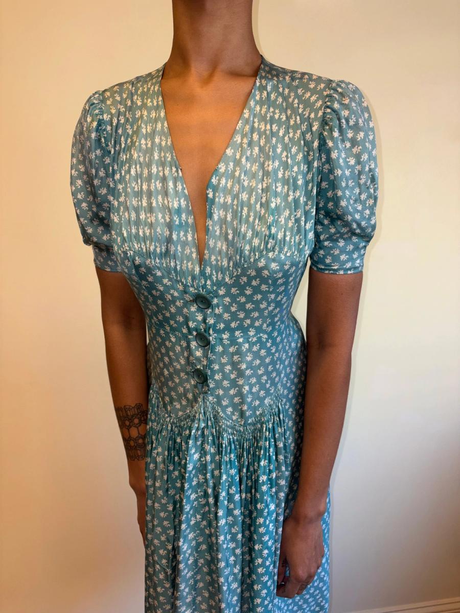 1940s Turquoise Floral Cold Rayon Dress product image