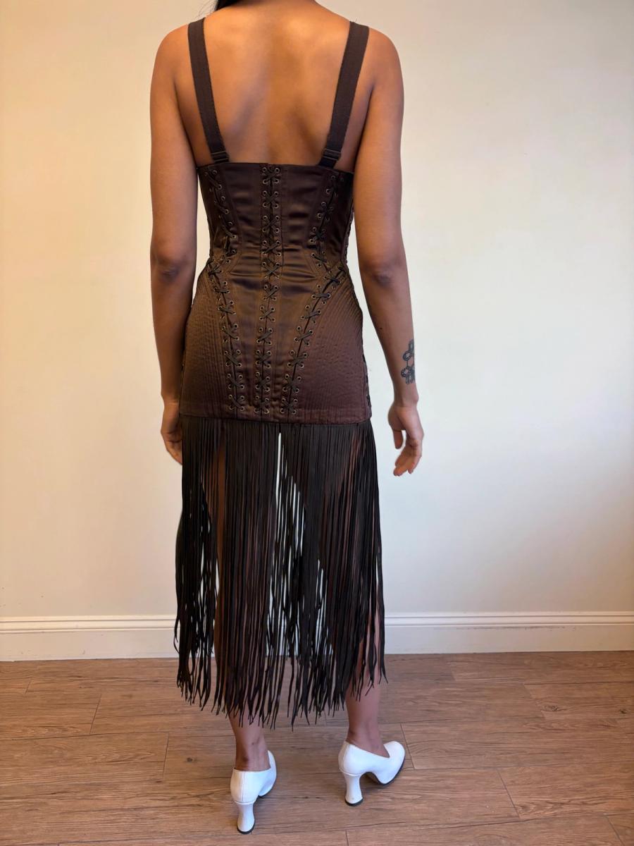 1990 Gaultier Satin Cone Bra Girdle Dres with Lacing Fringe Hem product image