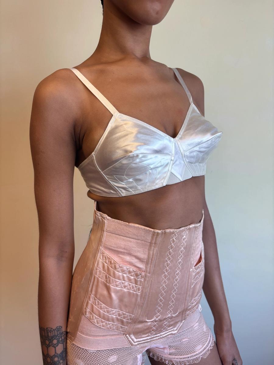 White Satin French Bullet Bra with Embroidered Front product image