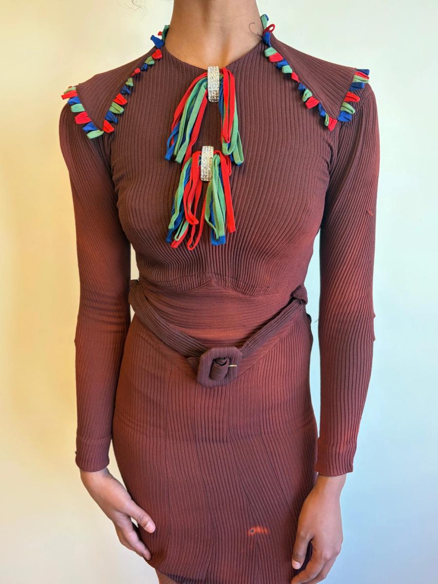 30s or 40s Rib Knit Rhinestone and Ribbon Dress product image