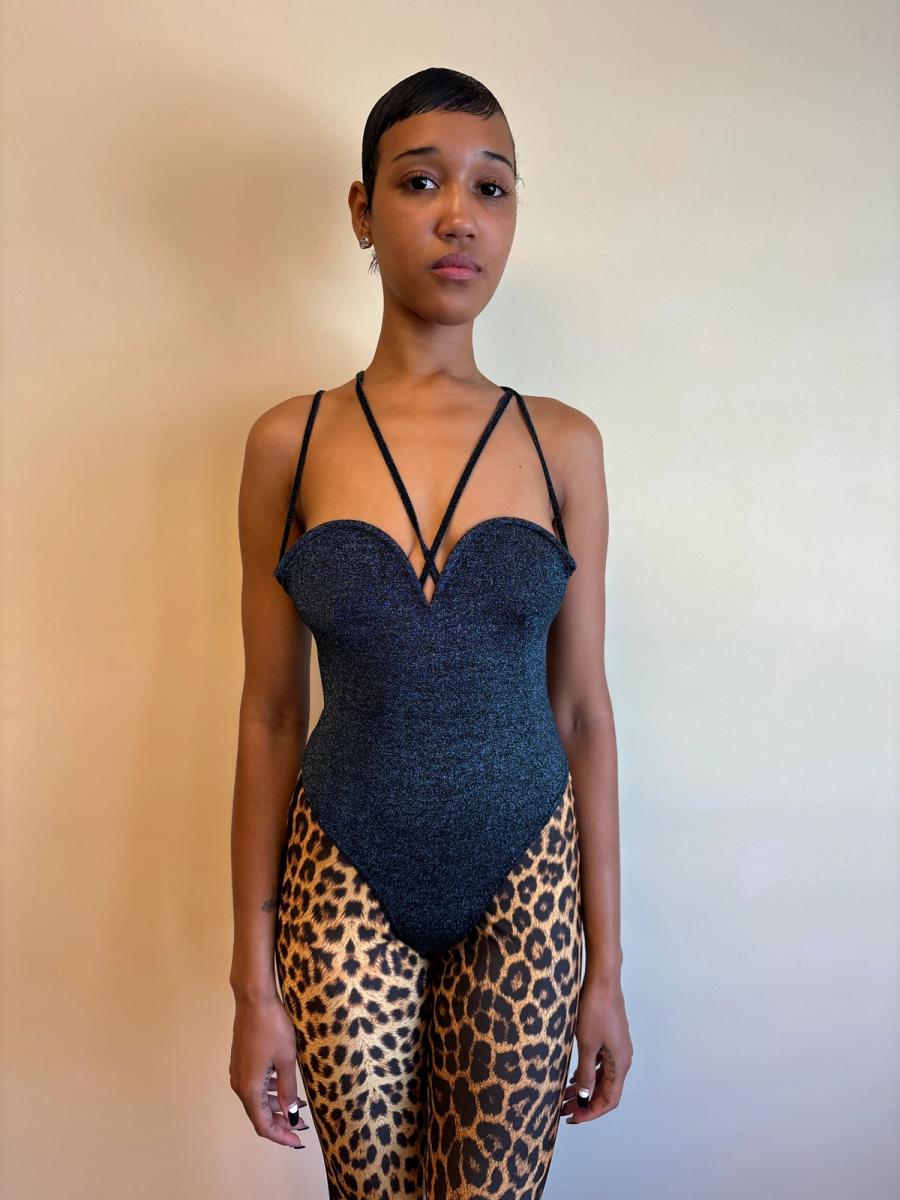 80s Nikos Apostolopoulos Blue Sparkly Underwire Leotard