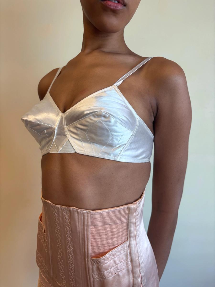 White Satin French Bullet Bra with Embroidered Front product image