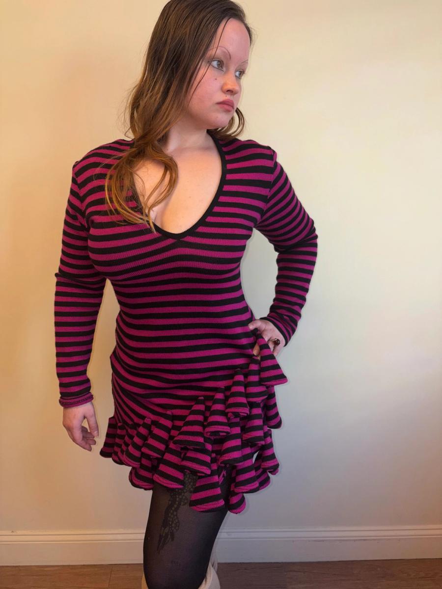 1980s Dorothée Bis Hot Pink Striped Dress With Dimensional Rosettes product image