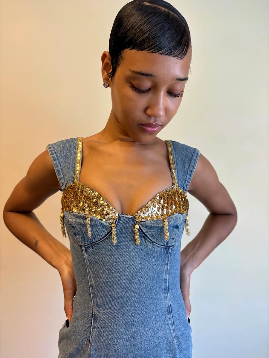 80s Katharine Hamnett Denim Gold Tassel Minidress product image
