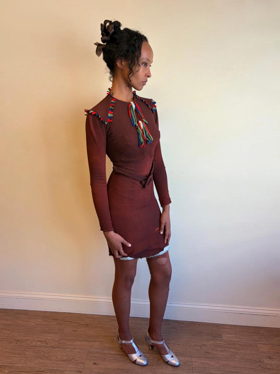 30s or 40s Rib Knit Rhinestone and Ribbon Dress product image