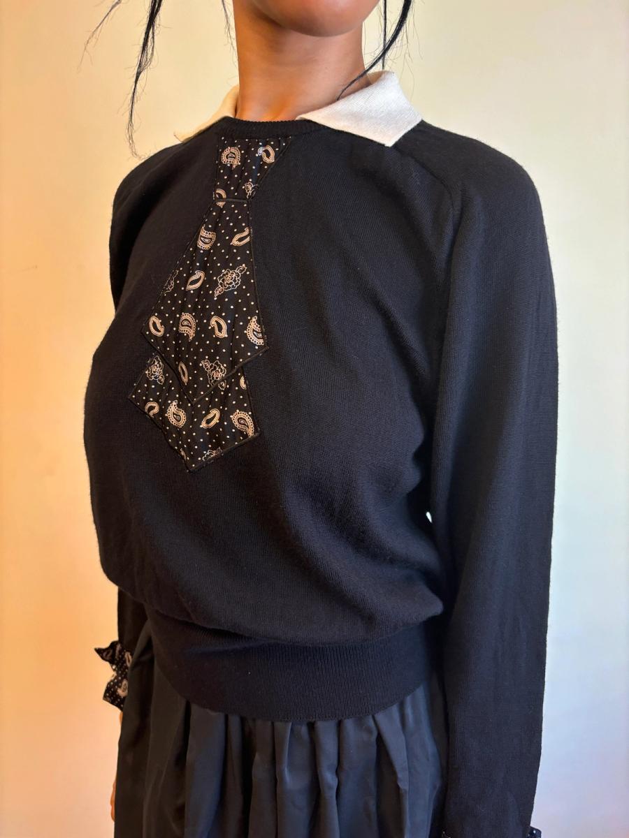 80s Mila Schön Tromp L'oeil Collar & Cuffs Tie Sweater product image