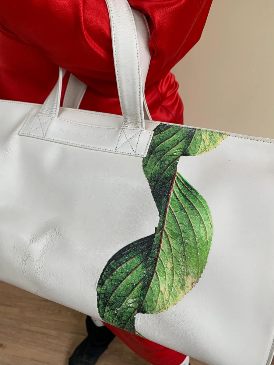 90s Masaki Matsushima Homme Leather Bag with Photorealistic Leaf Print product image