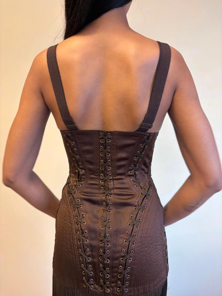 1990 Gaultier Satin Cone Bra Girdle Dres with Lacing Fringe Hem product image