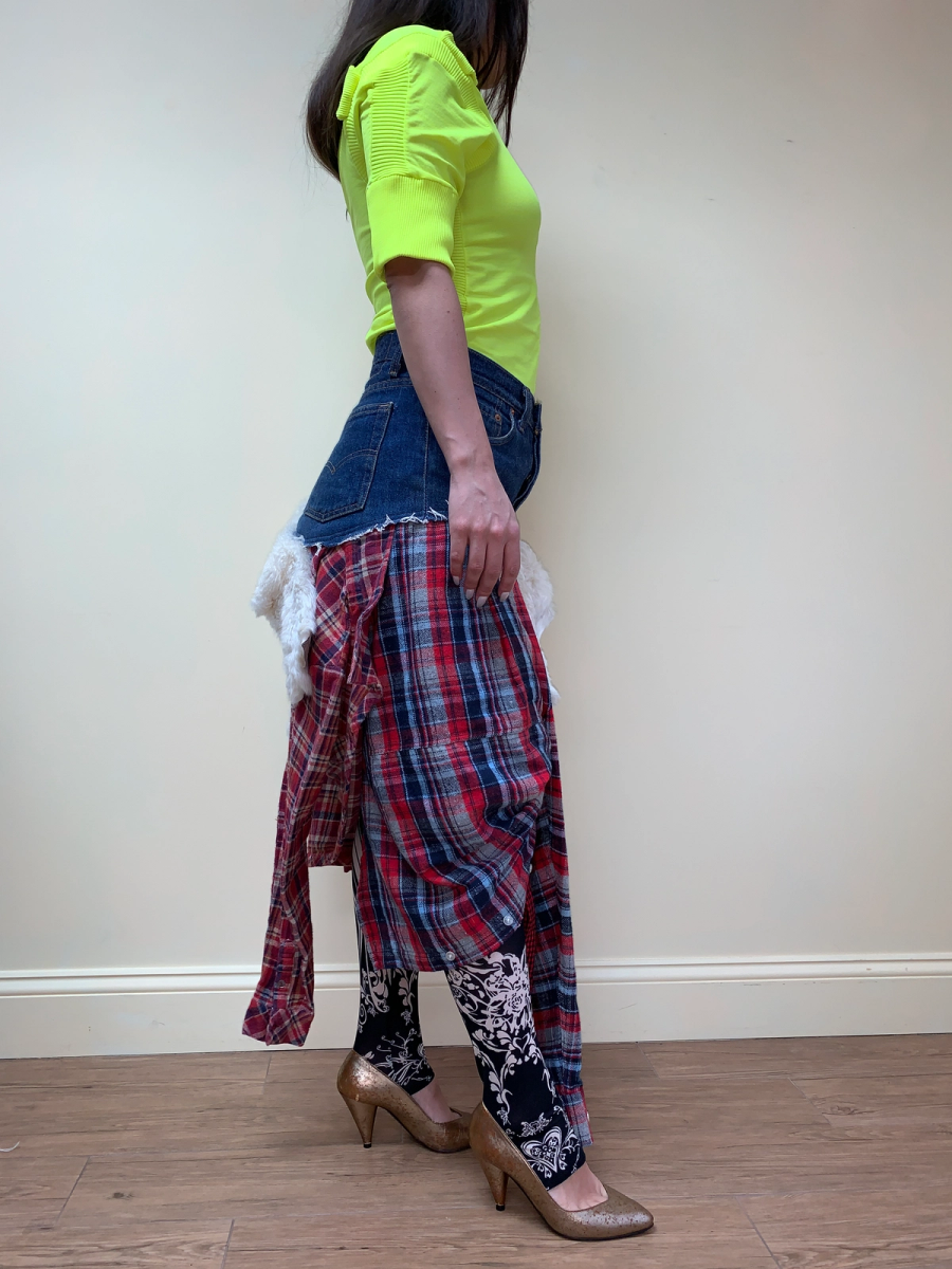 Tomoki Yurita Patchwork Skirt with Plaid Denim and Shearling product image