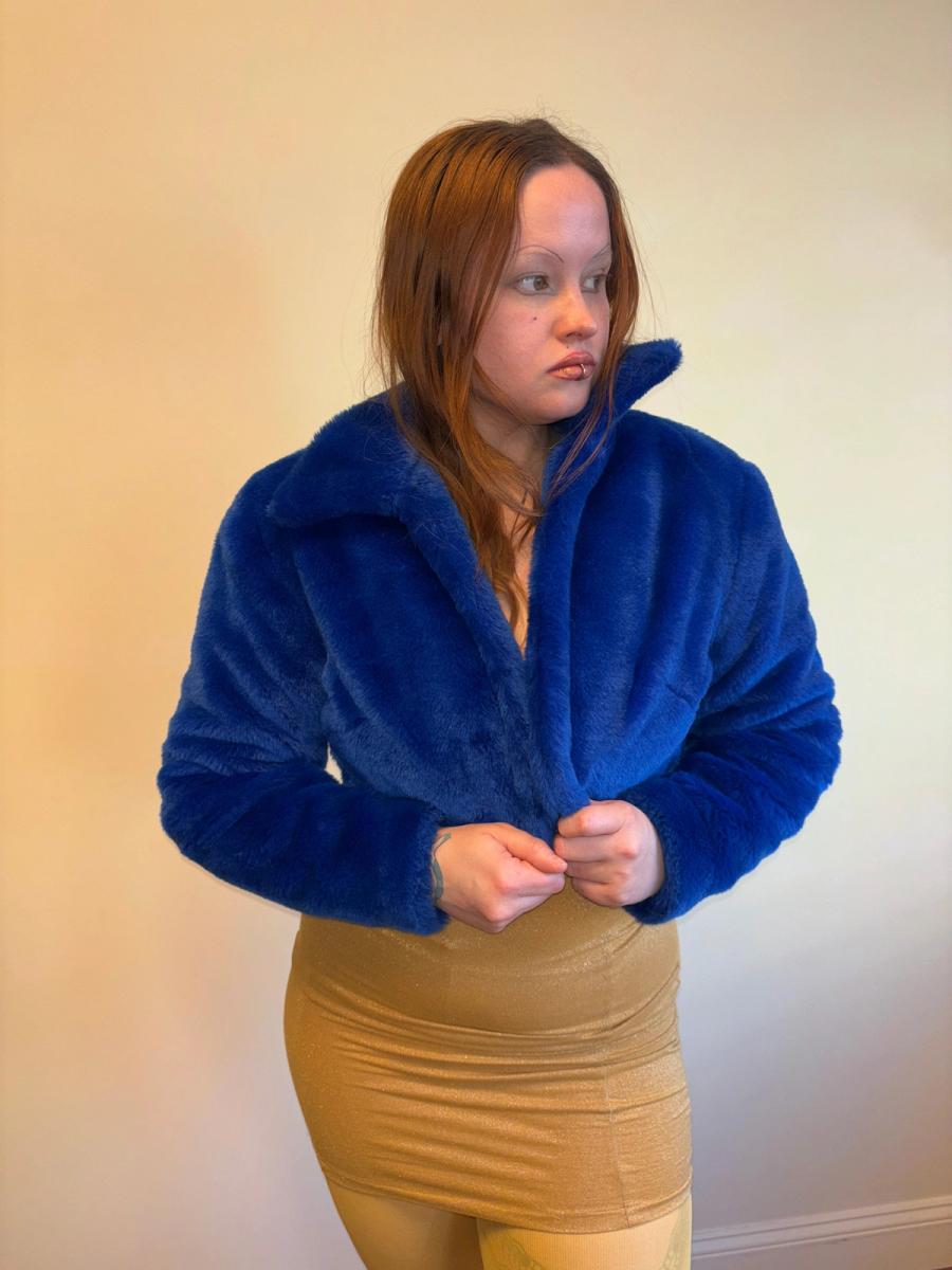Vintage Norma Kamali Electric Blue Faux Fur Coat product image