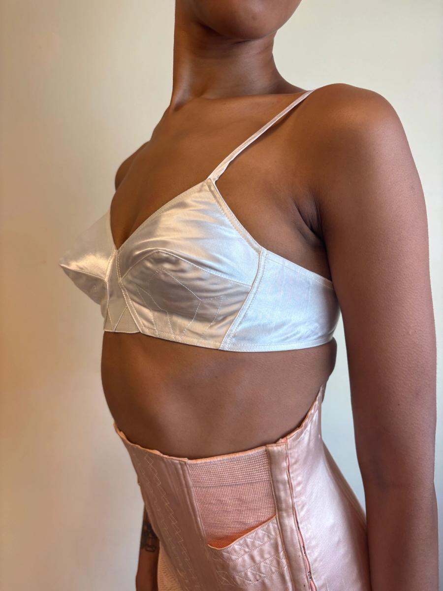 White Satin French Bullet Bra with Embroidered Front product image