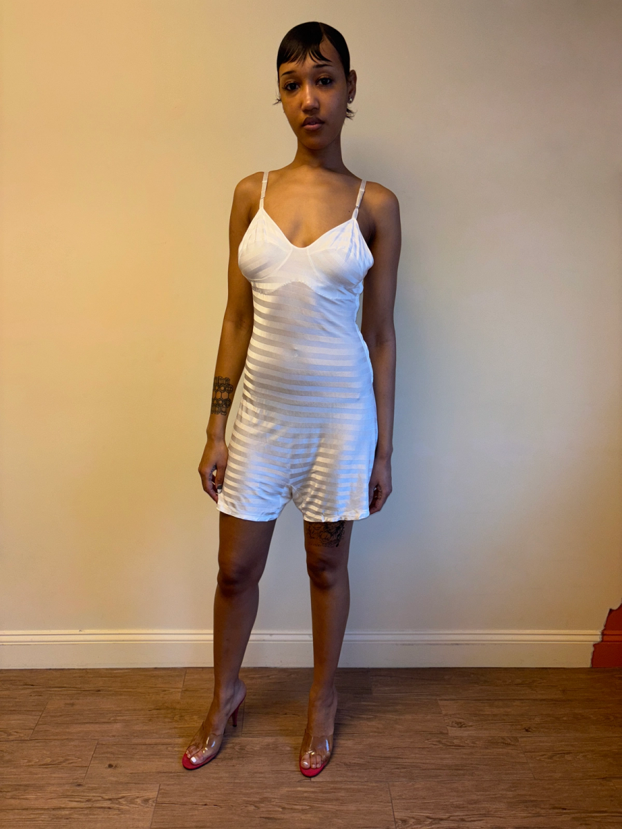 1930s White Striped Rayon Knit Step In  product image