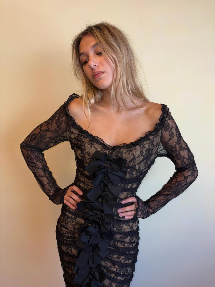 1980s Angelo Tarlazzi Lace Bow Nude Illusion Dress product image