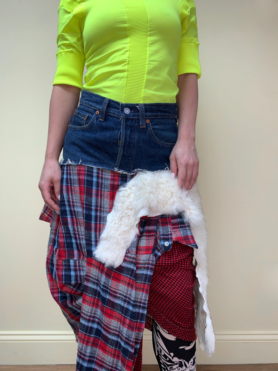 Tomoki Yurita Patchwork Skirt with Plaid Denim and Shearling product image