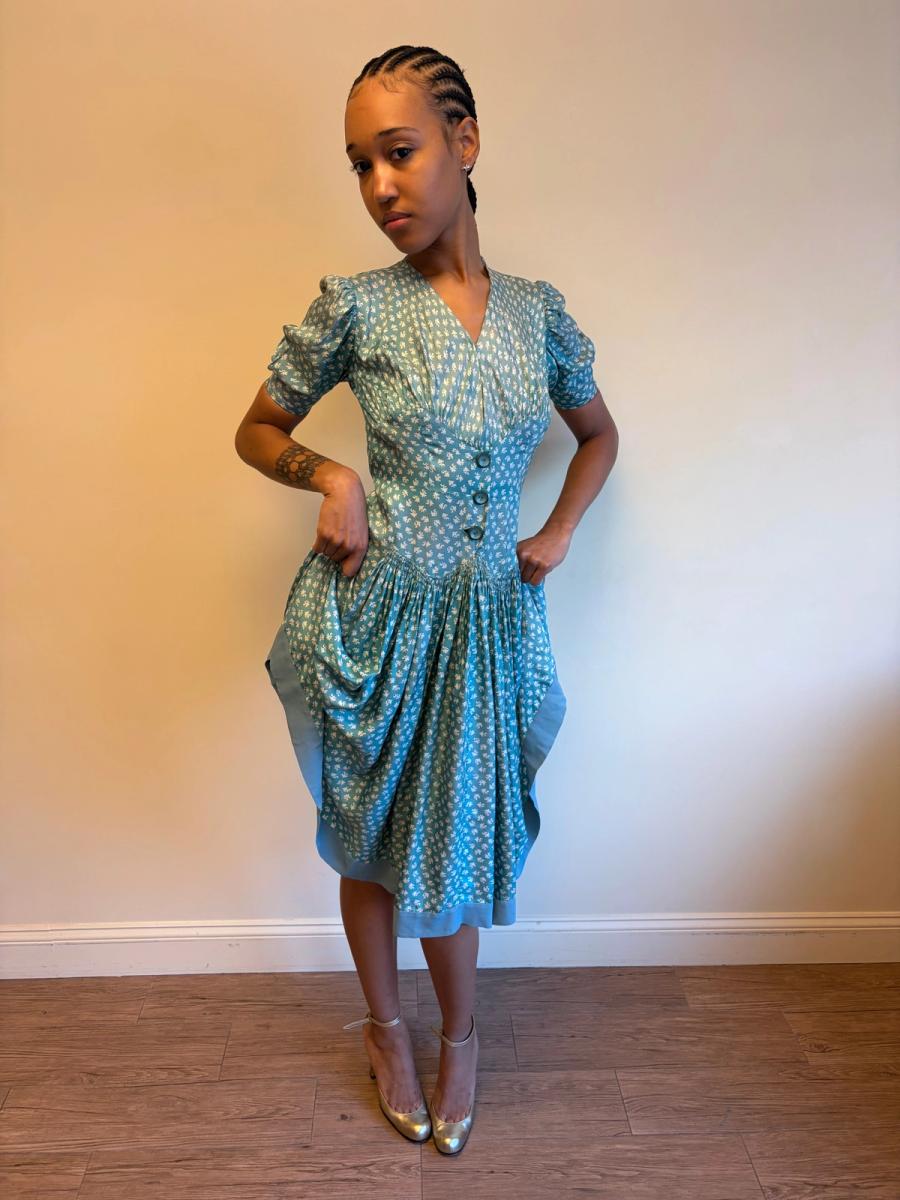 1940s Turquoise Floral Cold Rayon Dress product image
