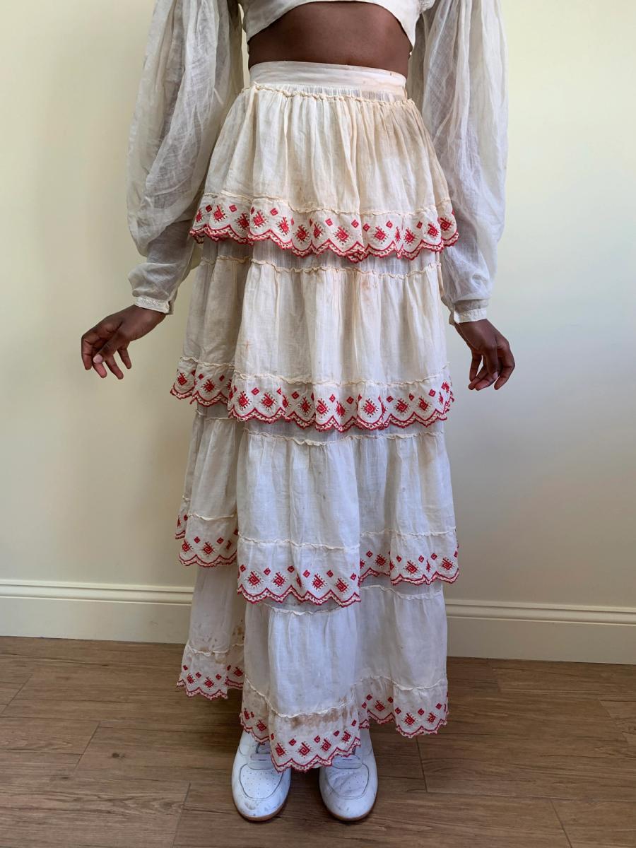 1880s Tiered Muslin Skirt with Embroidered Greek Key product image