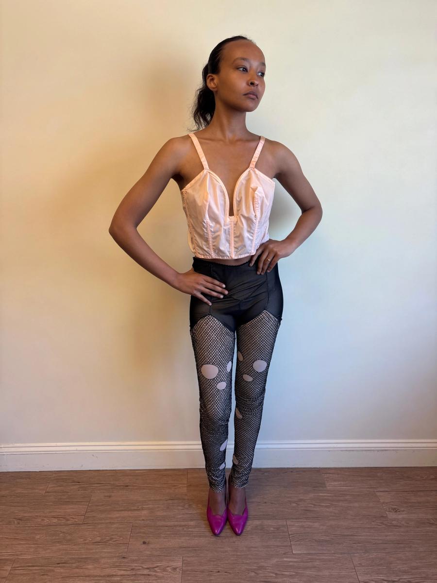 Vintage Marjan Pejoski Beaded Trompe L'oeil "Torn" Fishnet Leggings product image