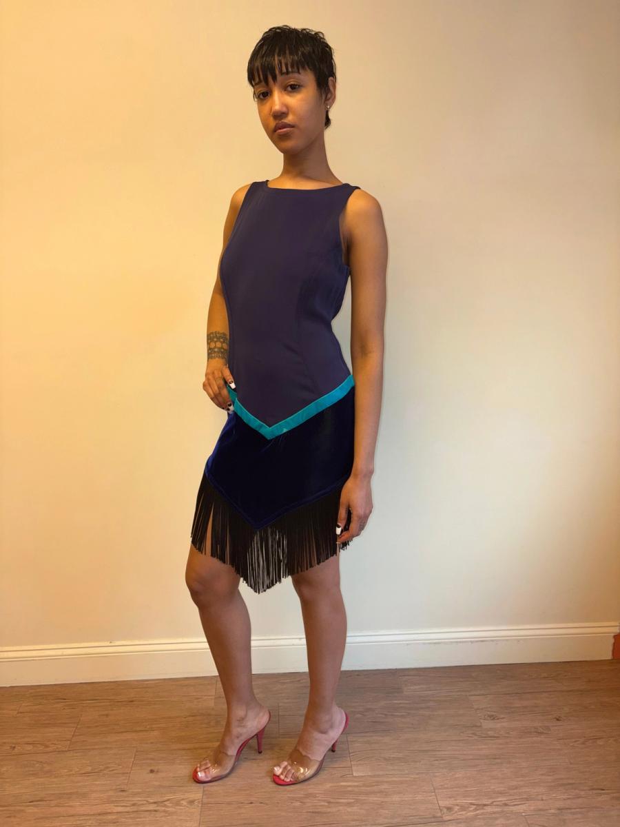 90s Ozbek Velvet and Fringe Dress product image